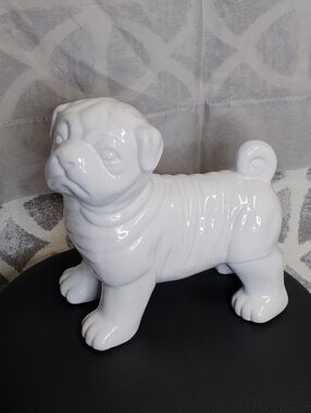 Vintage Glossy White Ceramic Wrinkled Face Curked Tail Ceramic Pug Dog Figurine